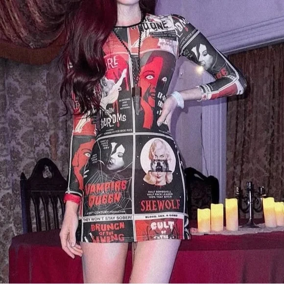 knee length dresses for ladies Dolls Kill x The Corpse Bride Mesh Maxi Graphic Dress With Bodysuit main image 0